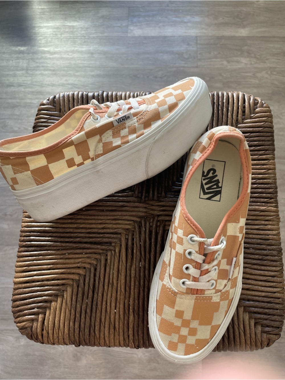 Vans Old Skool Stack Form Platform Skate Shoes Tan White Check Men 5.5 Women 7